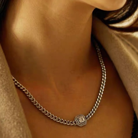 💎Street Fashion Silver Toned Zirconia Chain Necklace princess cut - Picture 4 of 10